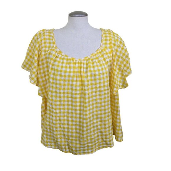 Old Navy Linen Blend Top Blouse Womens Plus 2X Yellow Gingham Tie Back Peasant - Picture 2 of 10